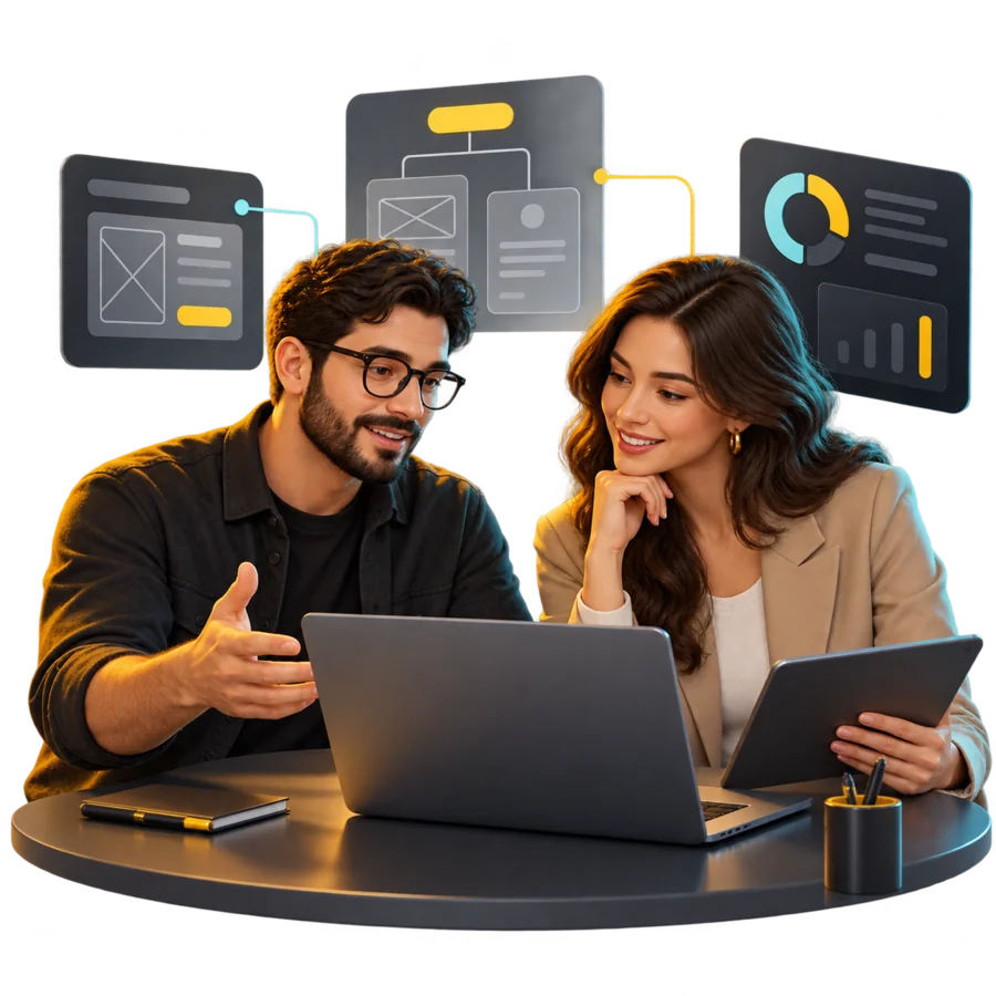 Representante da Elcode e cliente analisando um projeto em conjunto